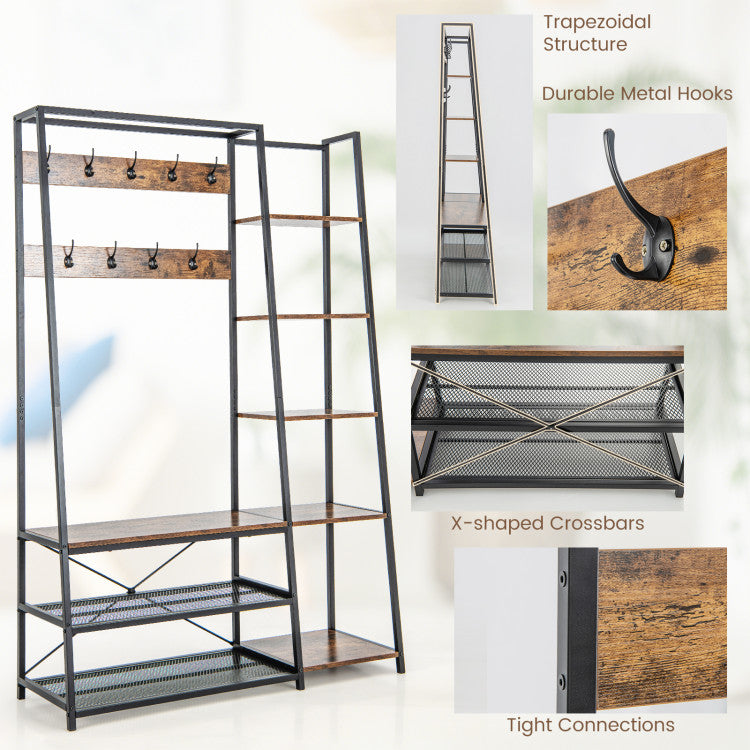 5-in-1 Entryway Hall Tree with Storage Bench with 9 Hooks