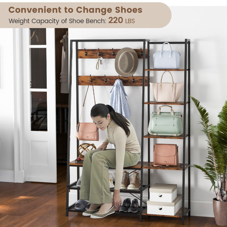 5-in-1 Entryway Hall Tree with Storage Bench with 9 Hooks