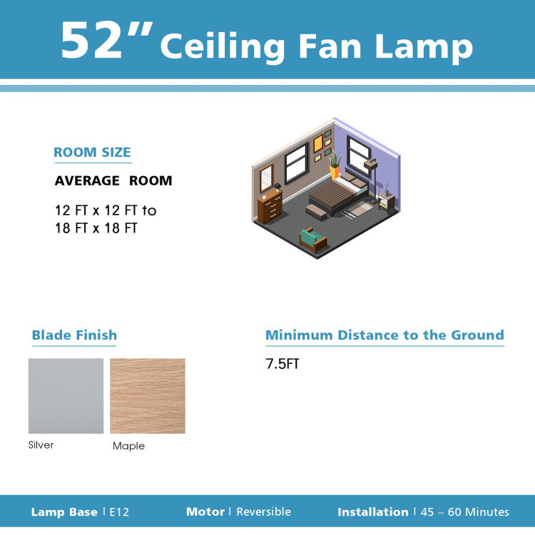 52 Inches Ceiling Fan with Wooden Blades and Remote Control