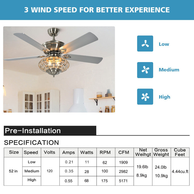 52 Inches Ceiling Fan with Wooden Blades and Remote Control