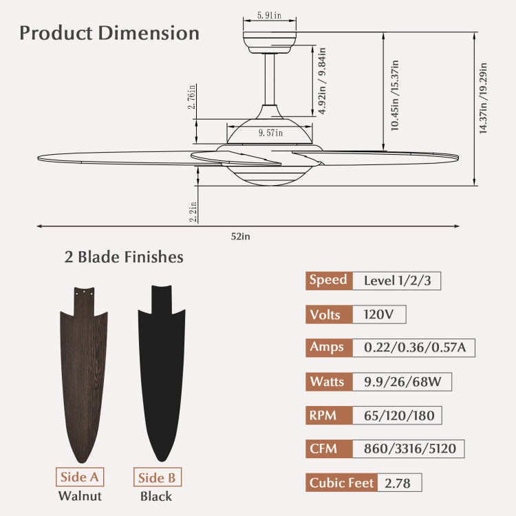 52 Inch Ceiling Fan with Lights and 3 Wind Speeds