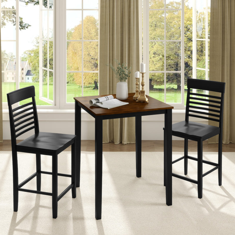 3-Piece Counter-Height Dining Table Set for 2 with Rubber Wood Frame and Footrest