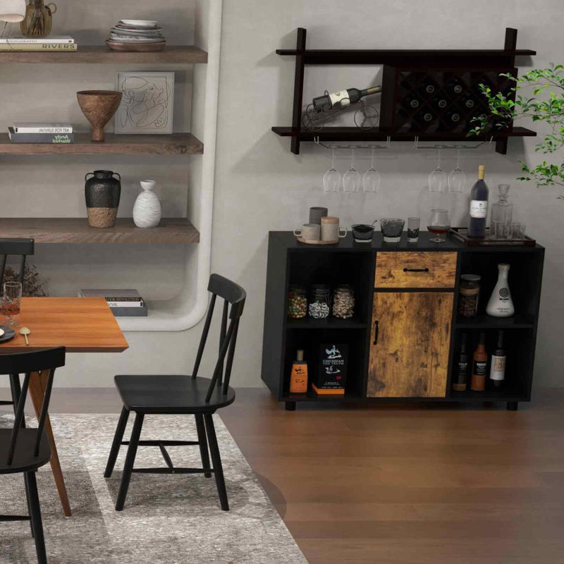 3-In-1 Dining Set: Windsor Chairs, Industrial Sideboard & Wall-Mount Wine Rack Combo