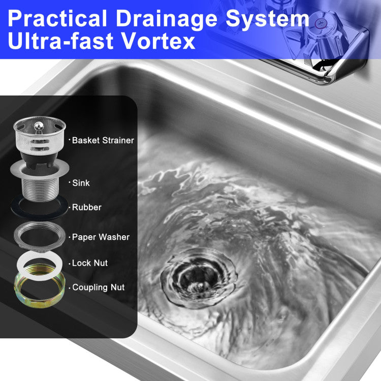 Stainless Steel Sink Wall Mount Hand Washing Sink with Faucet and Back Splash