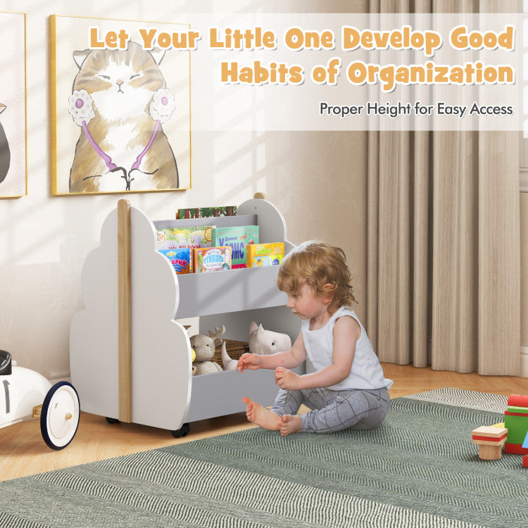 Kids Wooden Bookshelf with Universal Wheels