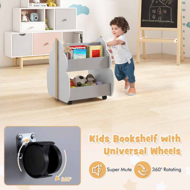 Kids Wooden Bookshelf with Universal Wheels
