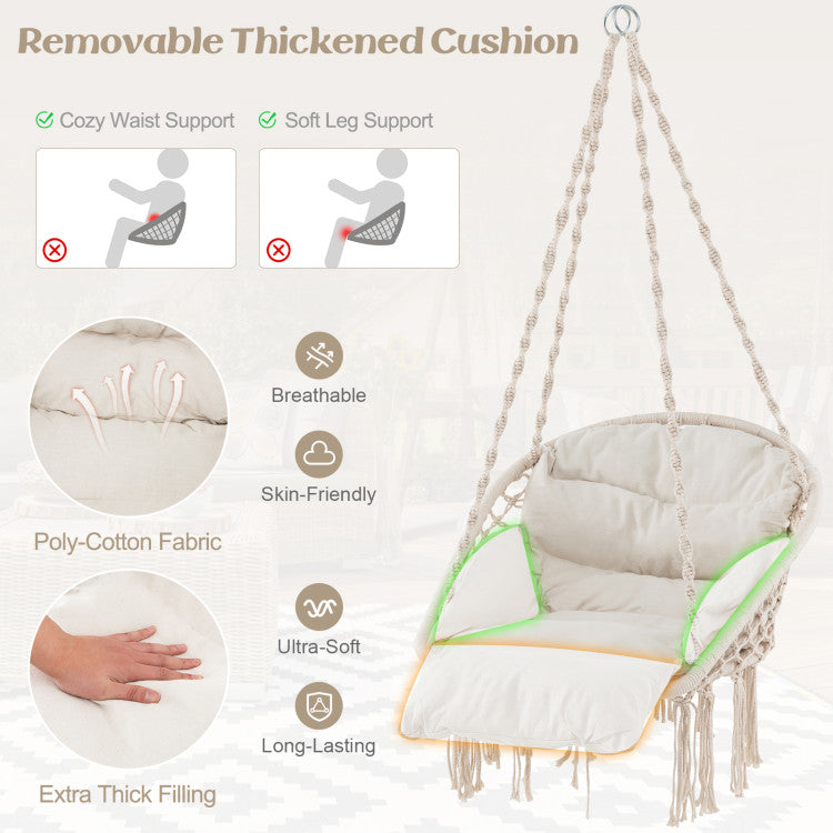 Hammock Chair with Thick Cushion & Macrame Holds up to 330 LBS