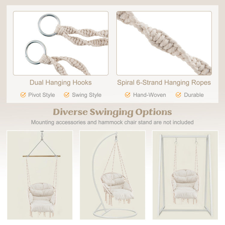 Hammock Chair with Thick Cushion & Macrame Holds up to 330 LBS