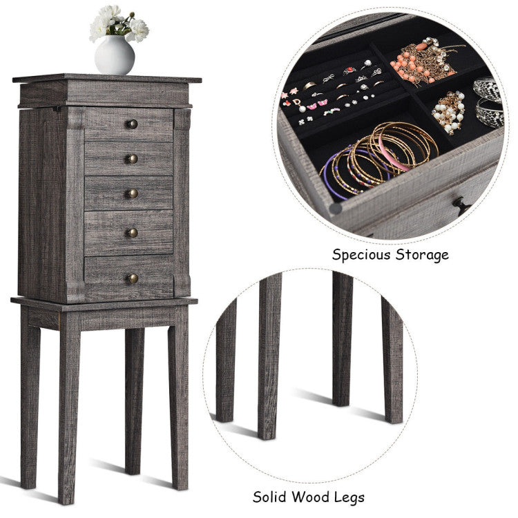 Standing Jewelry Cabinet with 5 Drawers and Top Flip Mirror