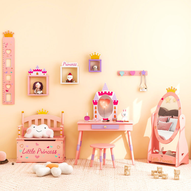 2-In-1 Kids Princess Wooden Toy Box with Safe Hinged Lid
