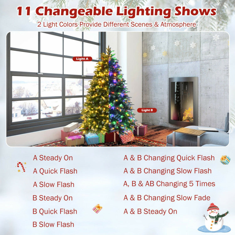 Pre-Lit Snowy Christmas Hinged Tree with Flash Modes and Multi-Color Lights