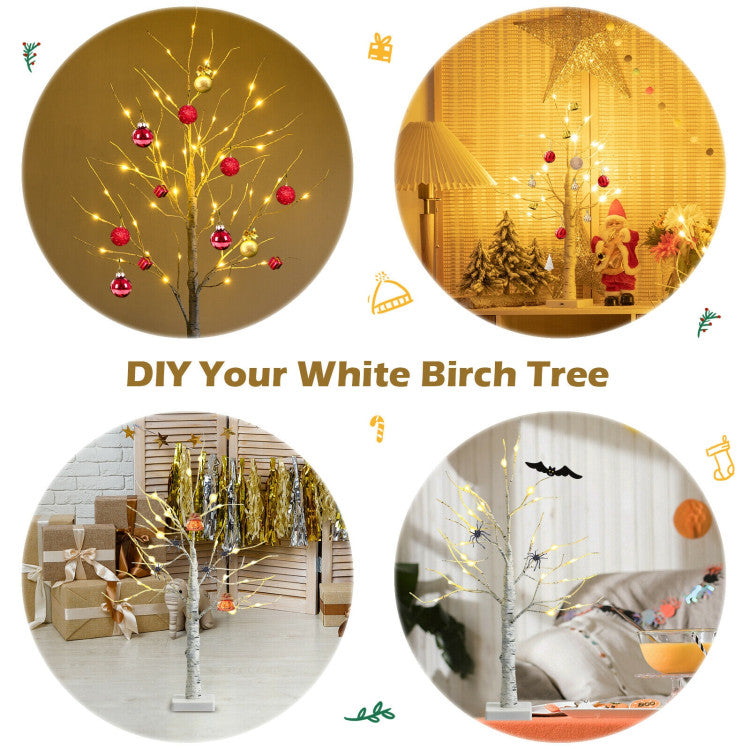 2 Feet Pre-lit White Twig Birch Tree Battery Powered for Christmas Holiday