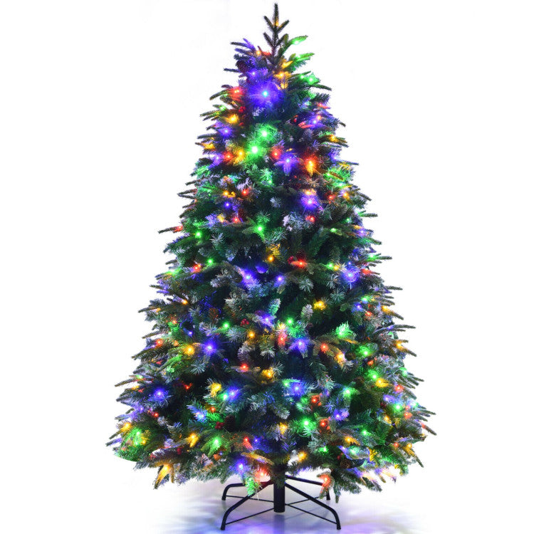 Pre-Lit Snowy Christmas Hinged Tree with Flash Modes and Multi-Color Lights