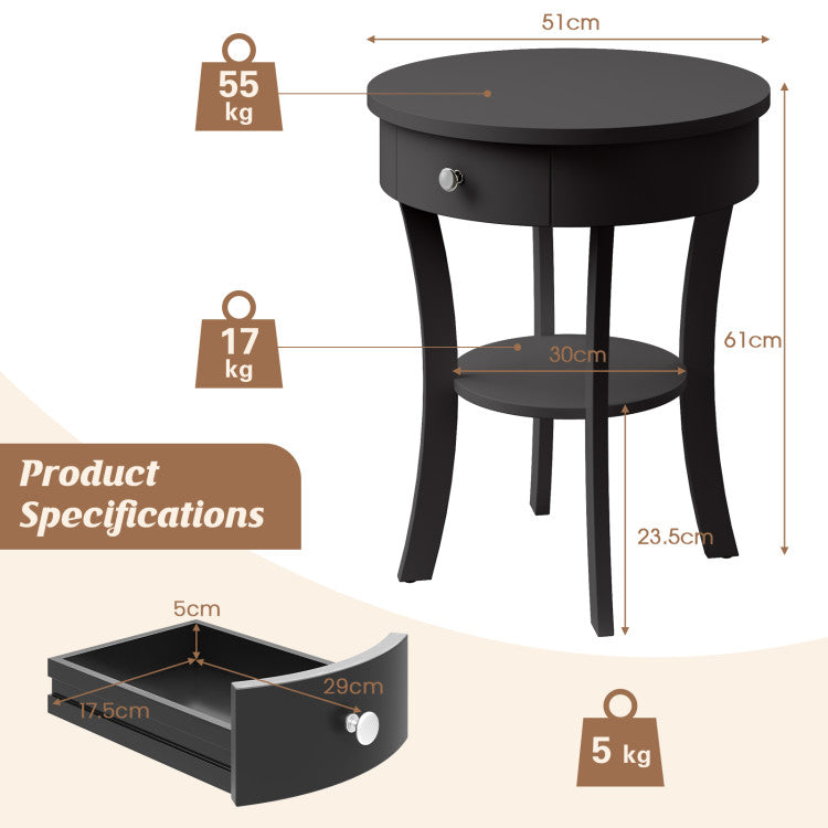 2-Tier Wood Round End Table with Open Drawer