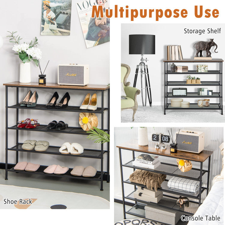 Industrial Adjustable 5-Tier Metal Shoe Rack with 4 Shelves for 16-20 Pairs