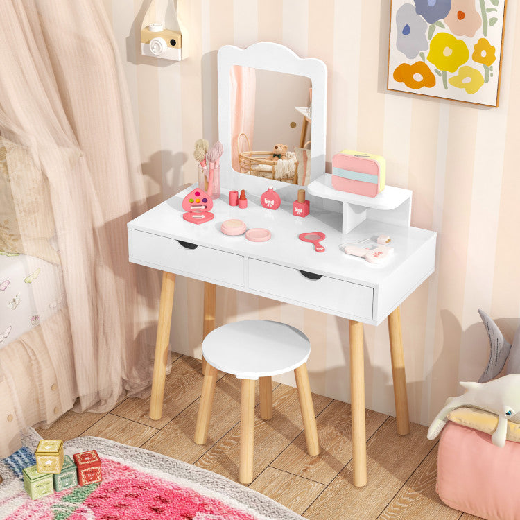 Kid Vanity Table Chair Set with Mirror and 2 Large Storage Drawers