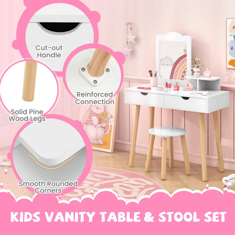 Kid Vanity Table Chair Set with Mirror and 2 Large Storage Drawers