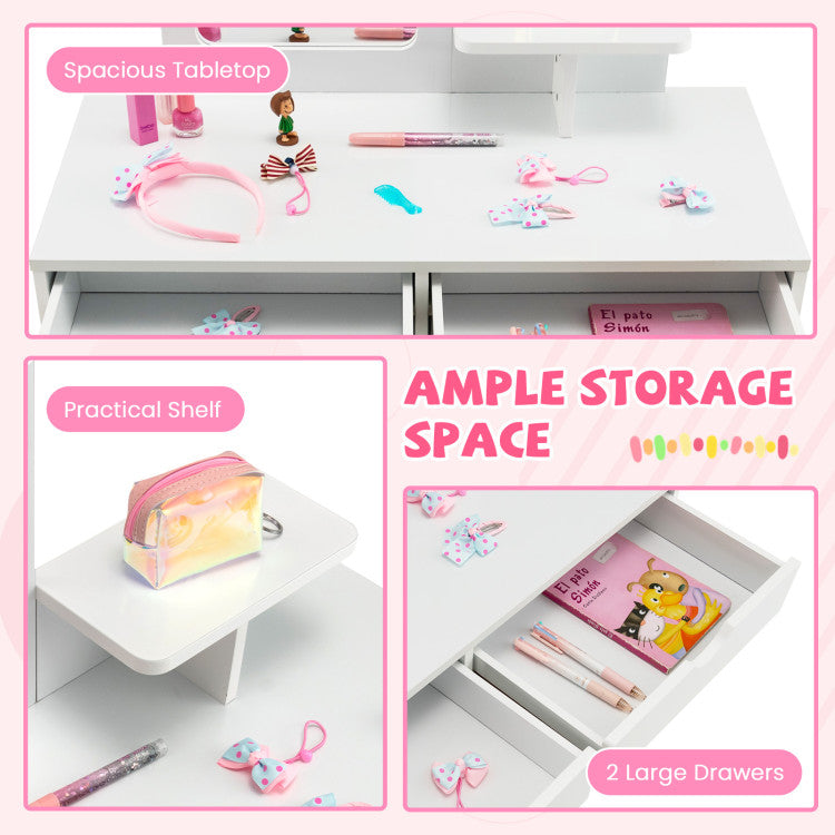 Kid Vanity Table Chair Set with Mirror and 2 Large Storage Drawers
