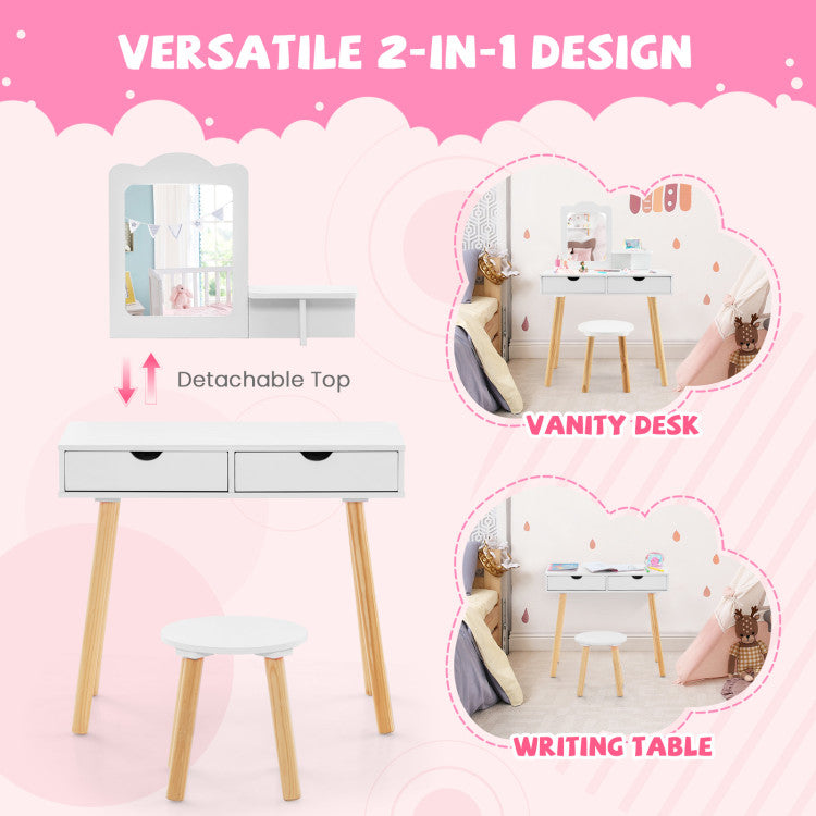 Kid Vanity Table Chair Set with Mirror and 2 Large Storage Drawers