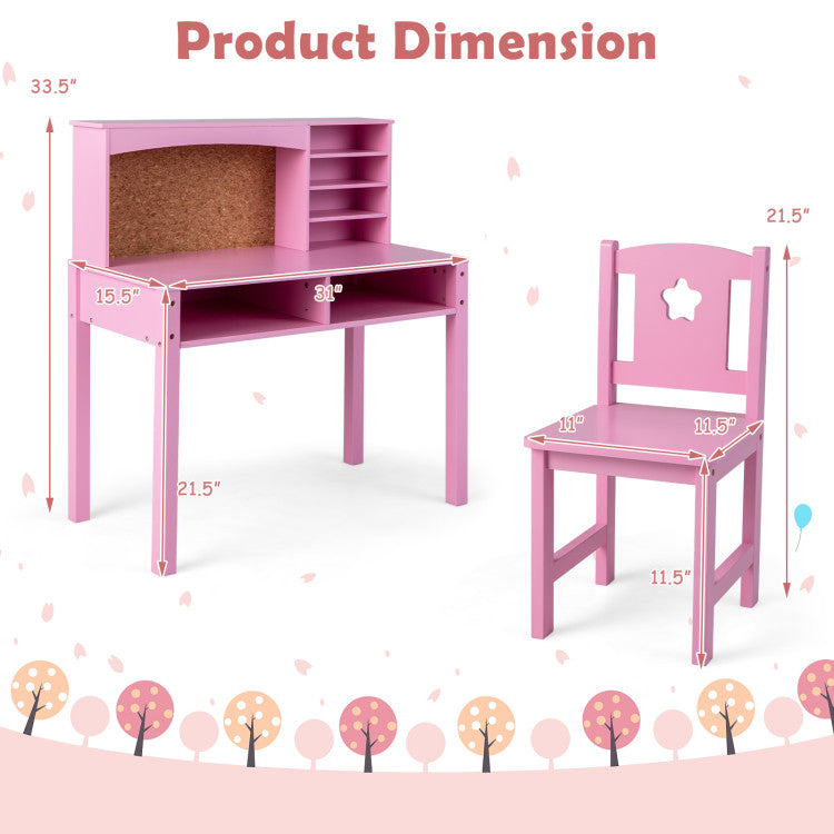 Kids Desk and Chair Set with Hutch and Bulletin Board for 3+ Kids