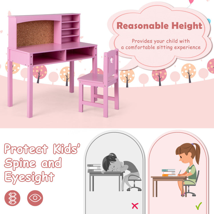 Kids Desk and Chair Set with Hutch and Bulletin Board for 3+ Kids