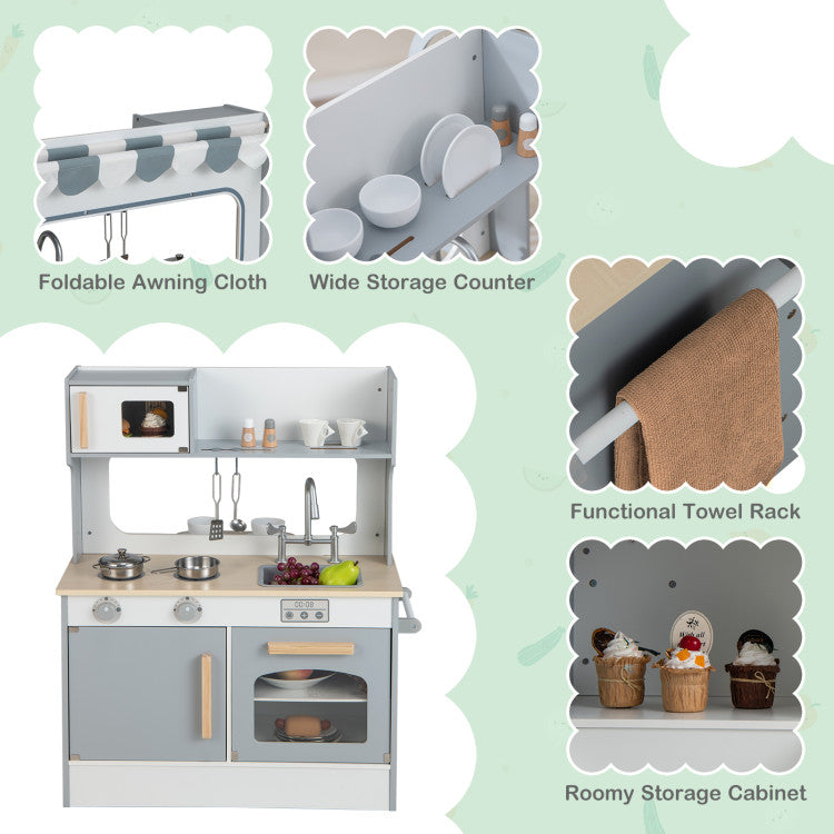 Double Sided Kids Pretend Kitchen Playset with 2-Seat Cafe