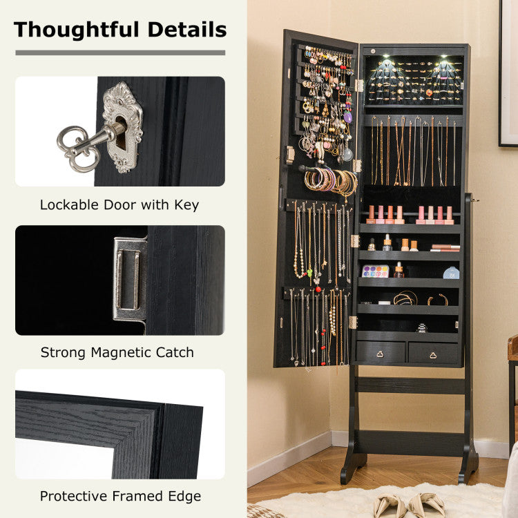 Lockable Freestanding Jewelry Cabinet Armoire with Full-Length Mirror and Lights