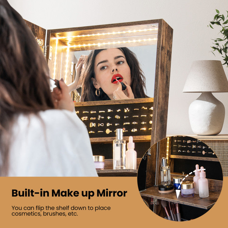 Lockable Freestanding Jewelry Organizer with Full-Length Frameless Mirror