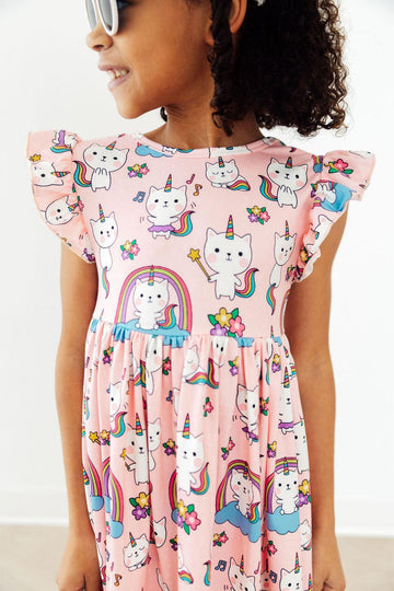 Rainbow Purr-fection Flutter Sleeve Twirl Dress