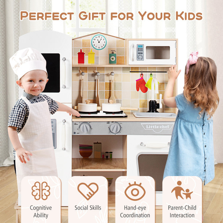 Wooden Kids Pretend Kitchen Playset Cooking Play Toy with Utensils and Sound