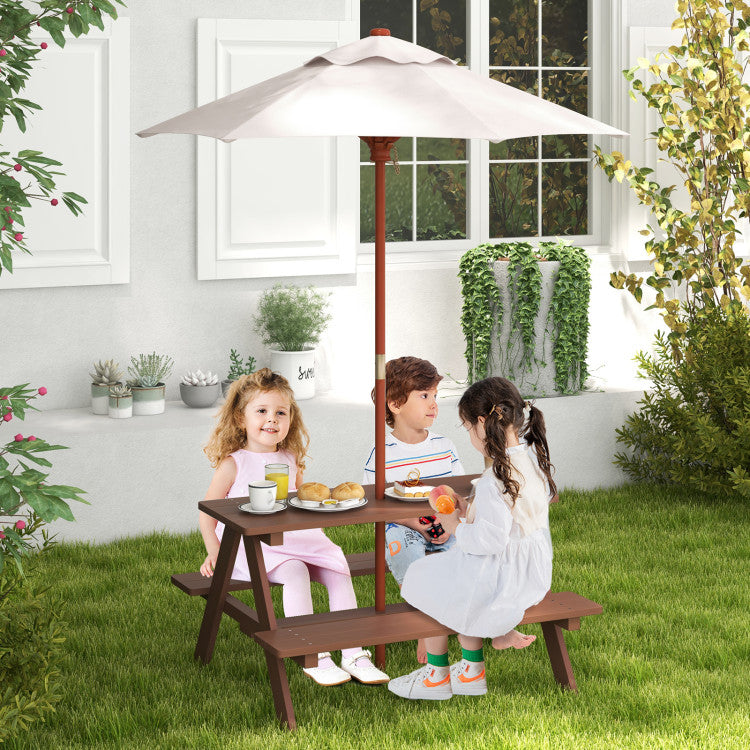 Outdoor 4-Seat Kids Picnic Table Bench Set with Removable Umbrella