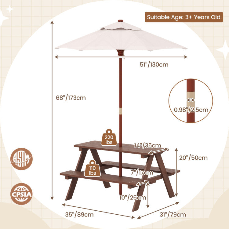 Outdoor 4-Seat Kids Picnic Table Bench Set with Removable Umbrella