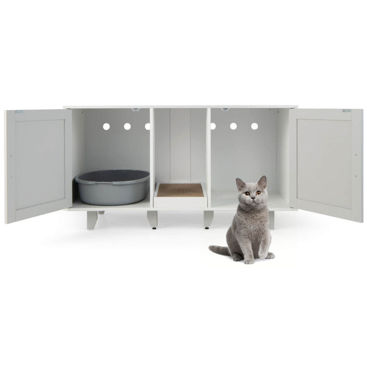 Patented 2-Door Cat Litter Box Enclosure with Winding Entry and Scratching Board