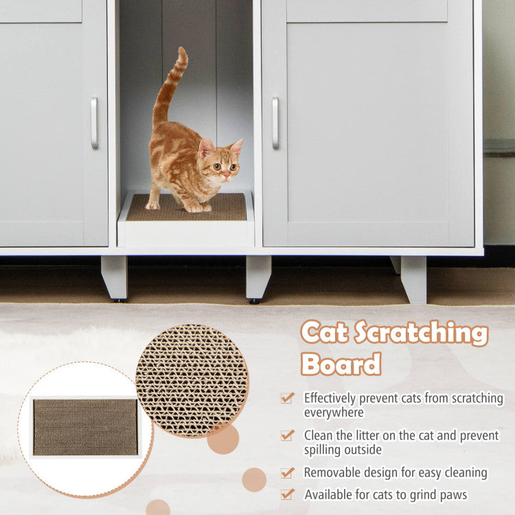 Patented 2-Door Cat Litter Box Enclosure with Winding Entry and Scratching Board