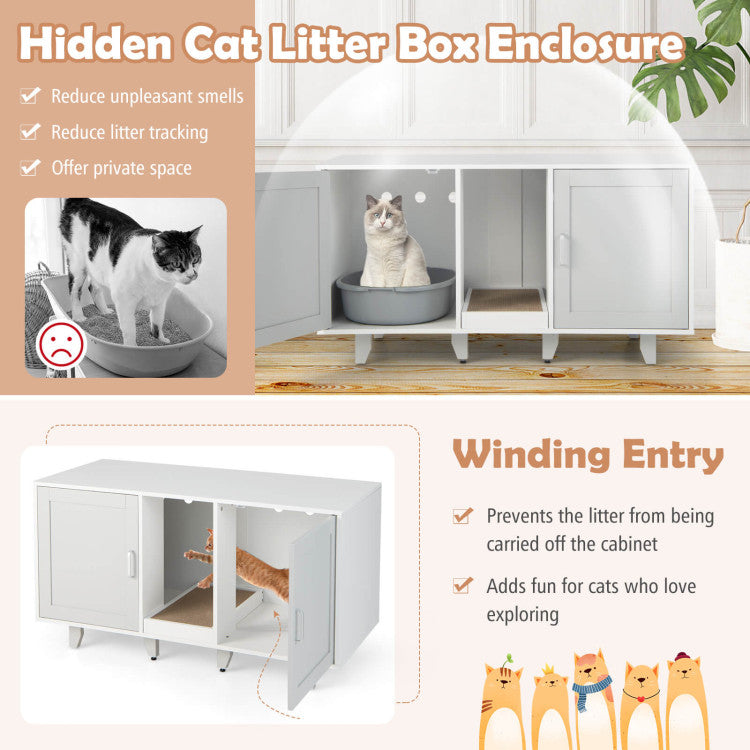 Patented 2-Door Cat Litter Box Enclosure with Winding Entry and Scratching Board
