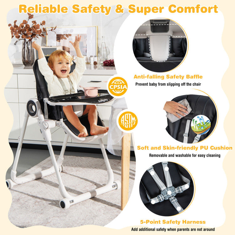 Baby High Chair Foldable Feeding Chair with 4 Lockable Wheels