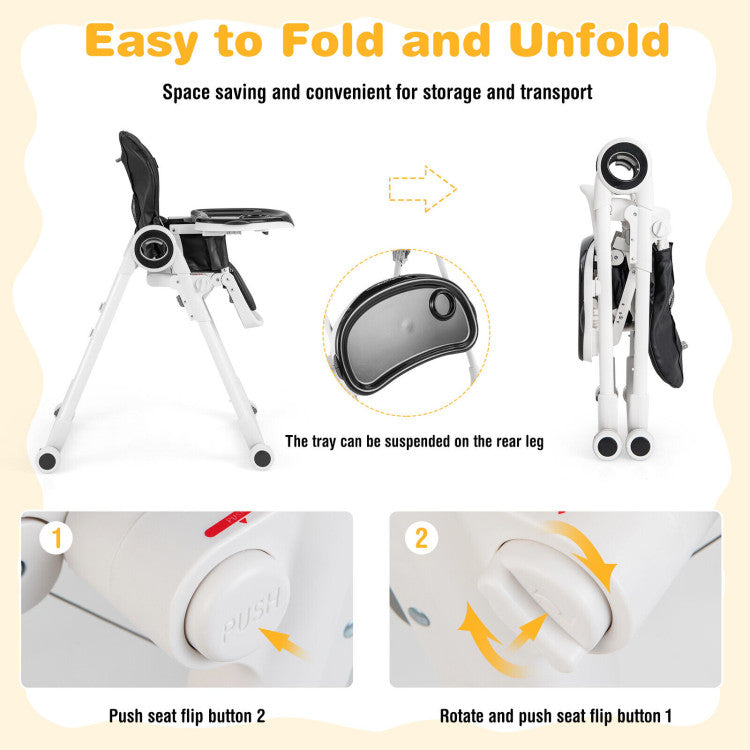 Baby High Chair Foldable Feeding Chair with 4 Lockable Wheels