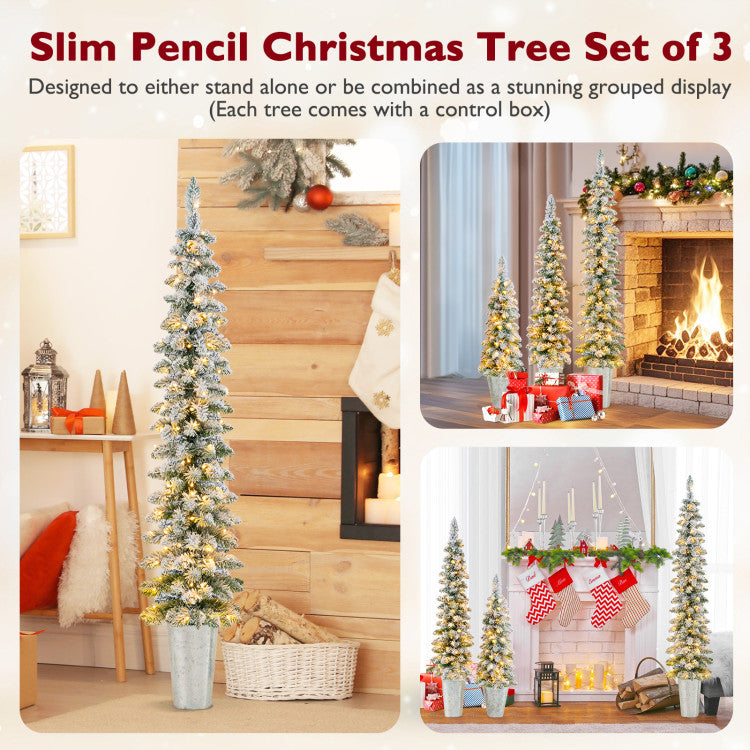 Set of 3 Pre-Lit Snow Flocked Artificial Christmas Trees witrh 423 Branch Tips