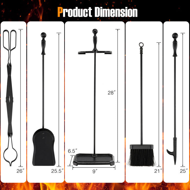 5-Piece Fireplace Tool Set with Tong Brush Shovel Poker Stand