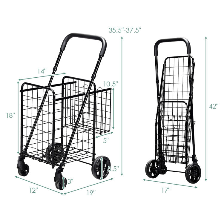 Folding Shopping Basket Rolling Trolley with Adjustable Handle
