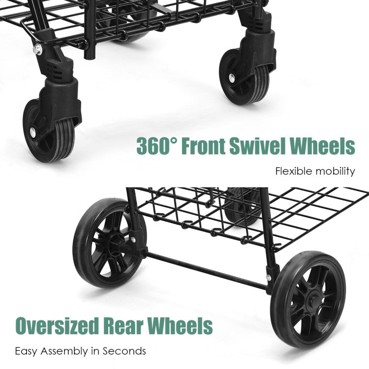 Folding Shopping Basket Rolling Trolley with Adjustable Handle