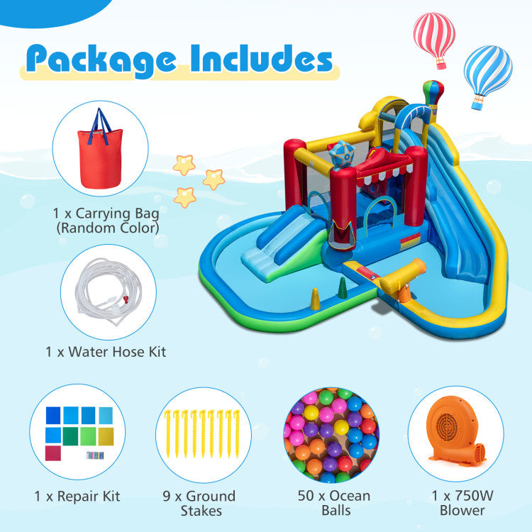 Inflatable Water Park with Splash Pool, 50 Ocean Balls and 750W Blower