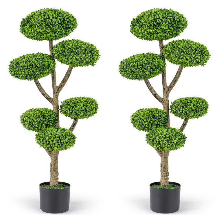 Set of 2 Indoor Outdoor 6 Balls Topiary Tree with Realistic Trunk and Weighted Cement-Filled Base