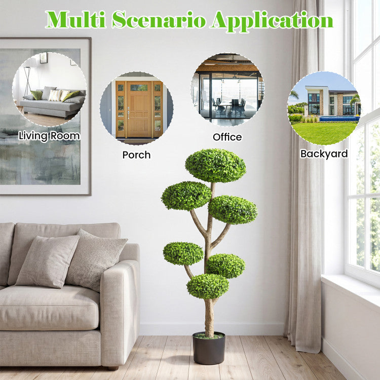Set of 2 Indoor Outdoor 6 Balls Topiary Tree with Realistic Trunk and Weighted Cement-Filled Base