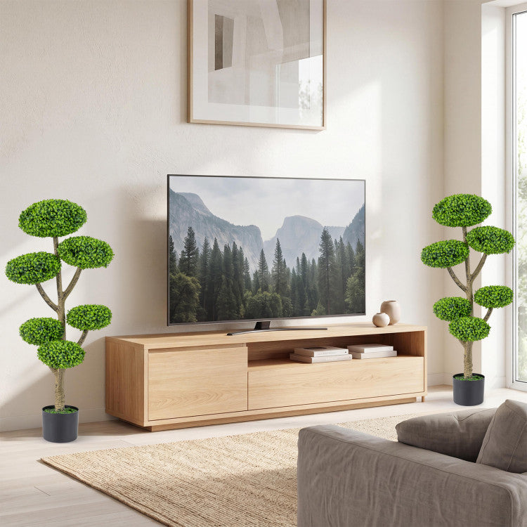 Set of 2 Indoor Outdoor 6 Balls Topiary Tree with Realistic Trunk and Weighted Cement-Filled Base