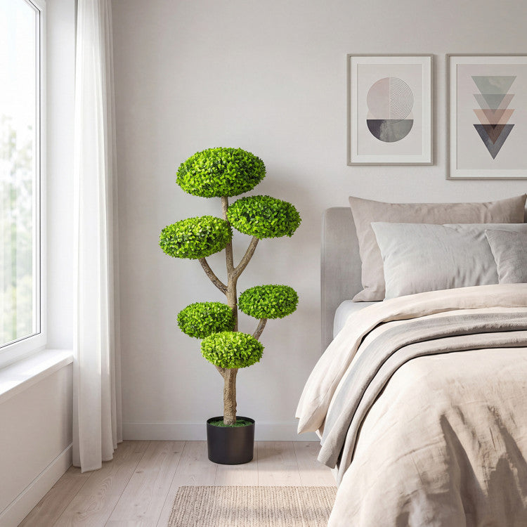 Set of 2 Indoor Outdoor 6 Balls Topiary Tree with Realistic Trunk and Weighted Cement-Filled Base