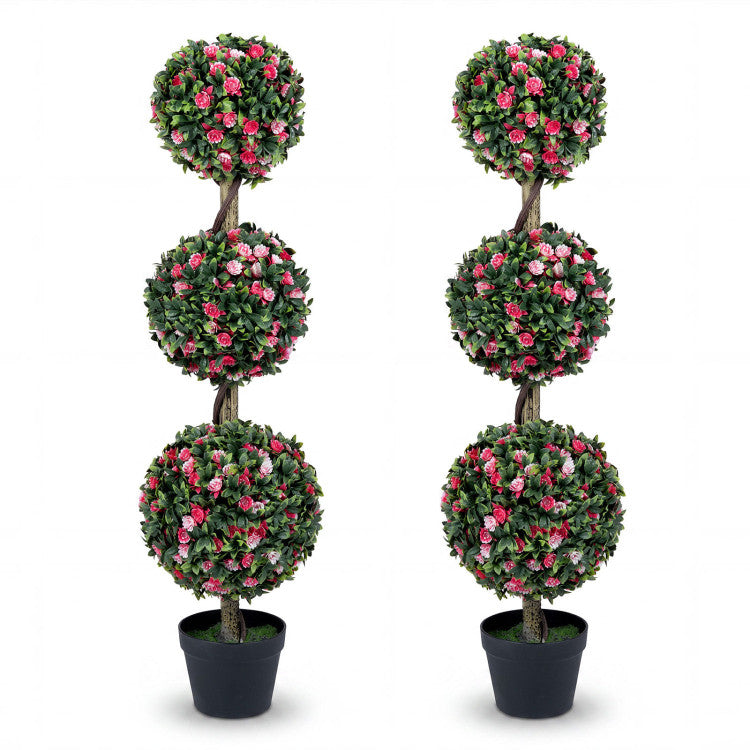 Set of 2 43.5" Artificial Triple Ball Rose Topiary Tree with Lifelike Blooms and Green Leaves