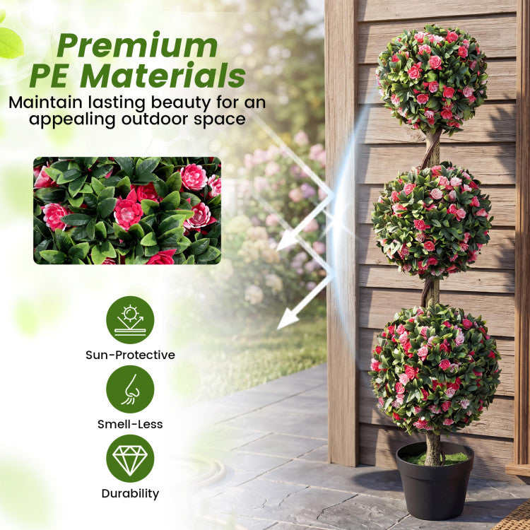Set of 2 43.5" Artificial Triple Ball Rose Topiary Tree with Lifelike Blooms and Green Leaves