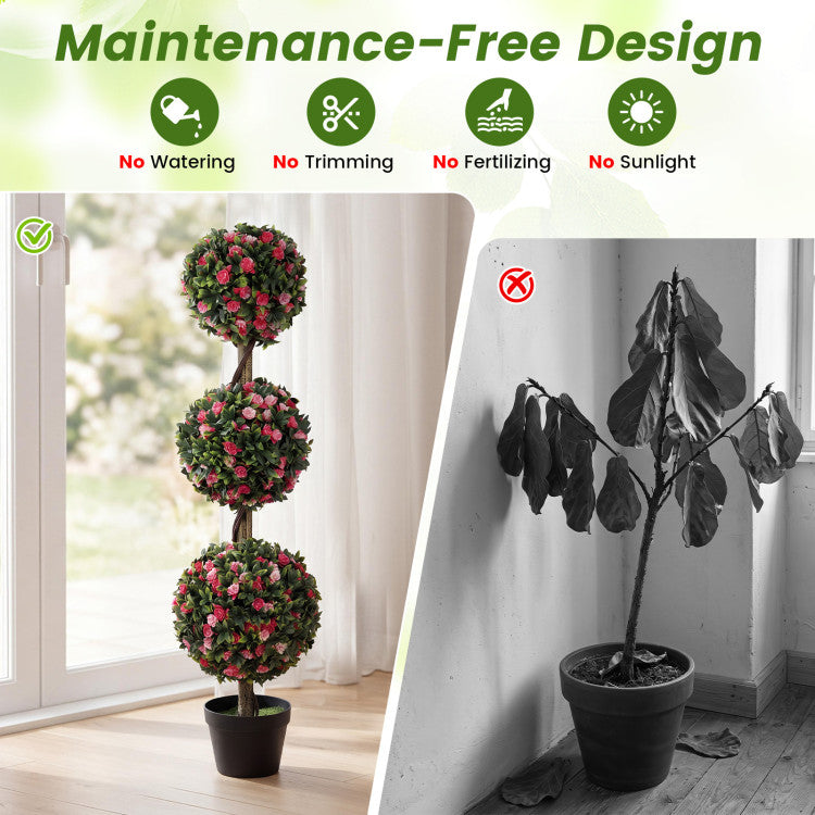 Set of 2 43.5" Artificial Triple Ball Rose Topiary Tree with Lifelike Blooms and Green Leaves
