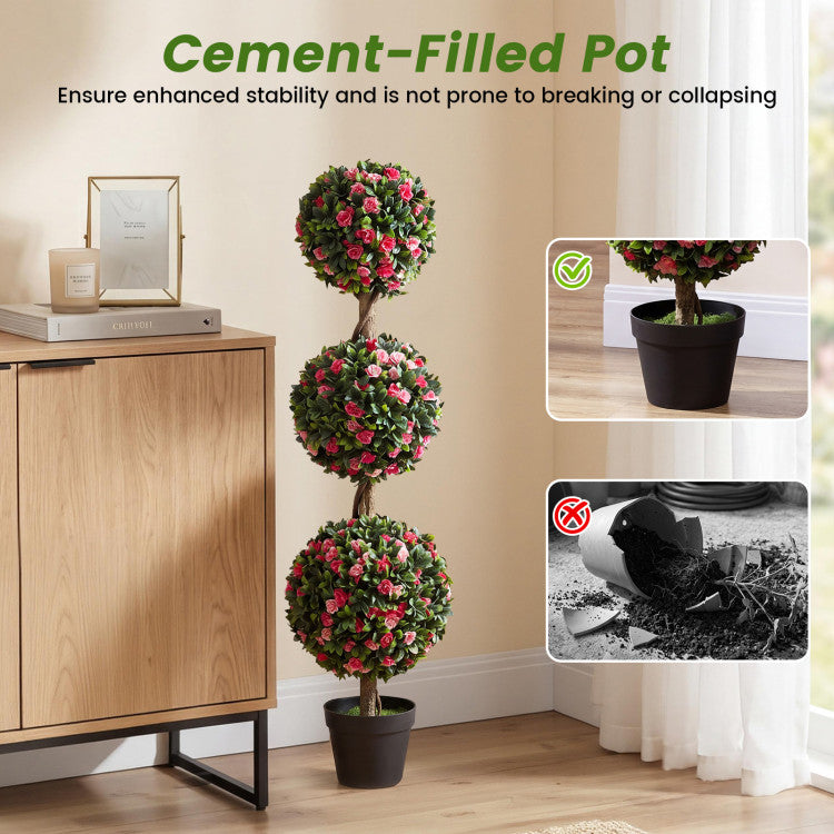 Set of 2 43.5" Artificial Triple Ball Rose Topiary Tree with Lifelike Blooms and Green Leaves